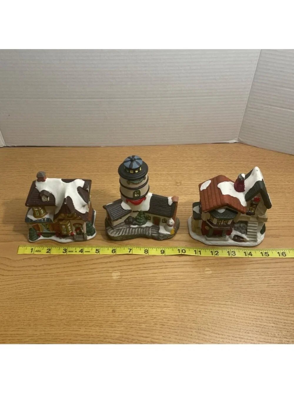 Vtg Holiday Traditions 3 Pc Lighted Christmas Village Set Hand Painted Porcelain
